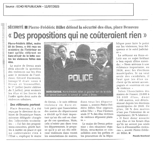 Sécurité : Le Maire de Dreux, Pierre-Frédéric Billet, Vice-Président de l’AMF28,  référent « violence envers les élus » défend la sécurité des élus, place Beauvau